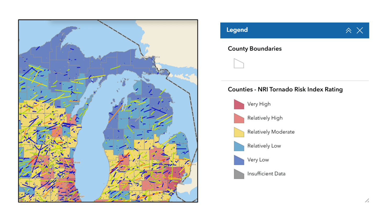 A map of Michigan with color-coded areas indicating the NRI Tornado Risk Index Rating.