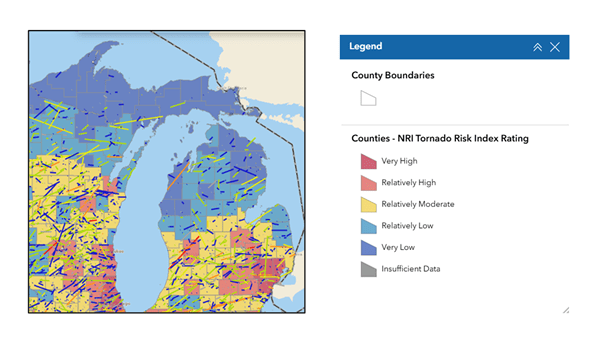 A map of Michigan with color-coded areas indicating the NRI Tornado Risk Index Rating.