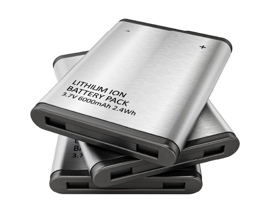 A stack of three lithium ion battery packs. 