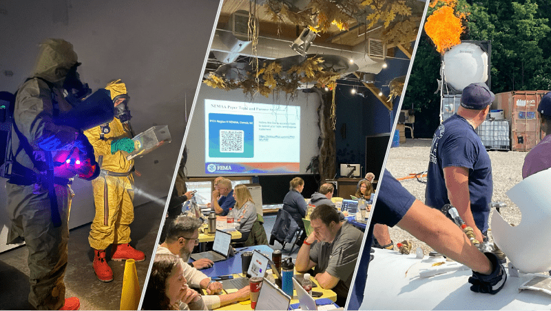 3 images of different trainings - people in hazmat suits in a dark, smoky room, people in a classroom, and people look at a fire from afar.