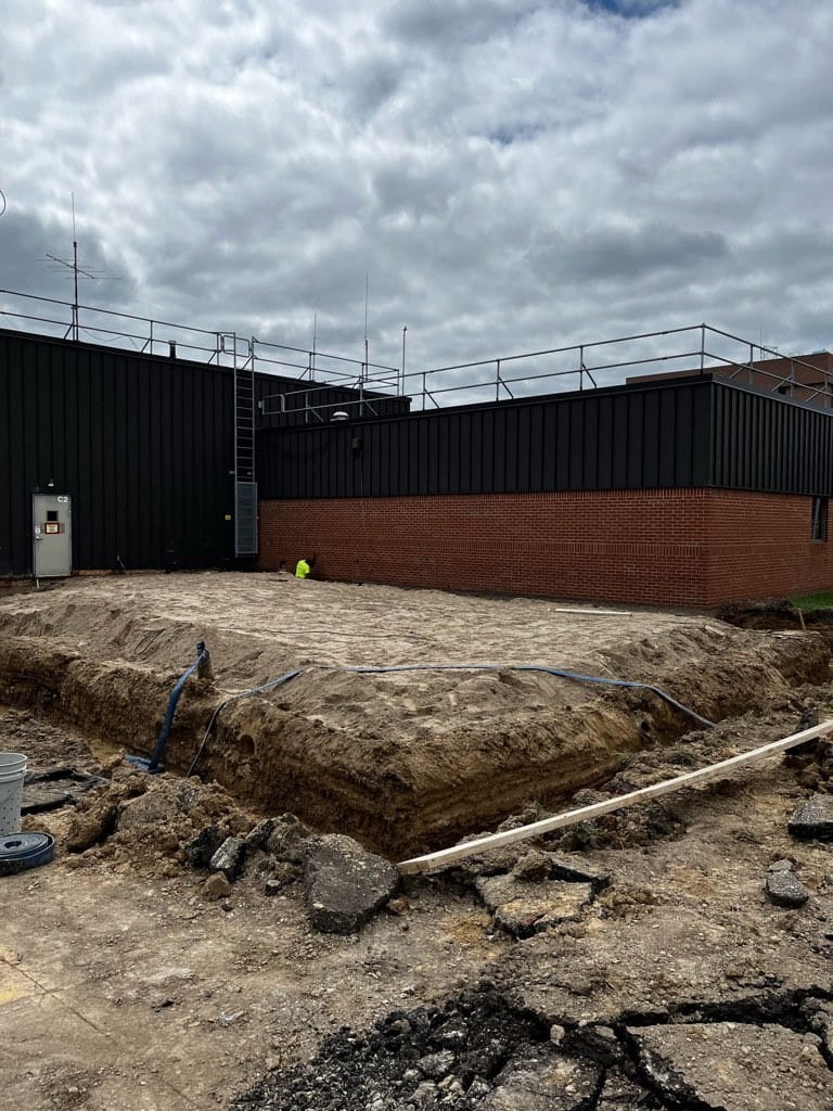 Excavation site on the north side of the Hazmat Training Center, preparing for an addition to be built