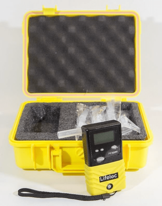 Yellow Lifeloc instrument with carrying case. 