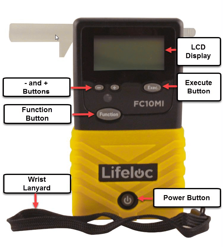 Front of Lifeloc instrument showing - and + buttons, Function button, wrist lanyard, LCD display, Execute button, and Power button. 