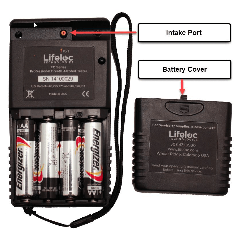 Back of Lifeloc instrument showing intake port and battery cover. 