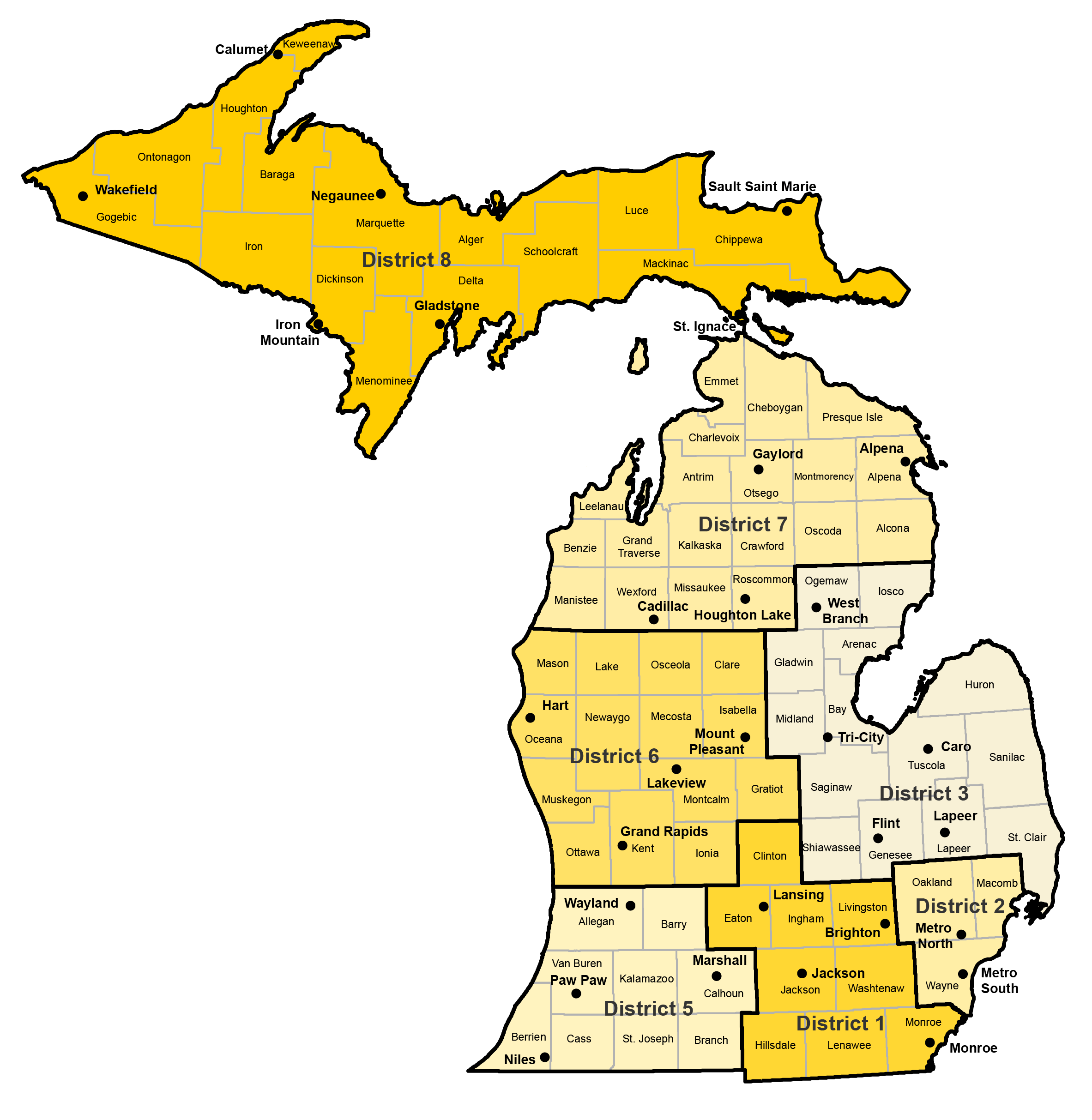 Michigan State Police District Map by County