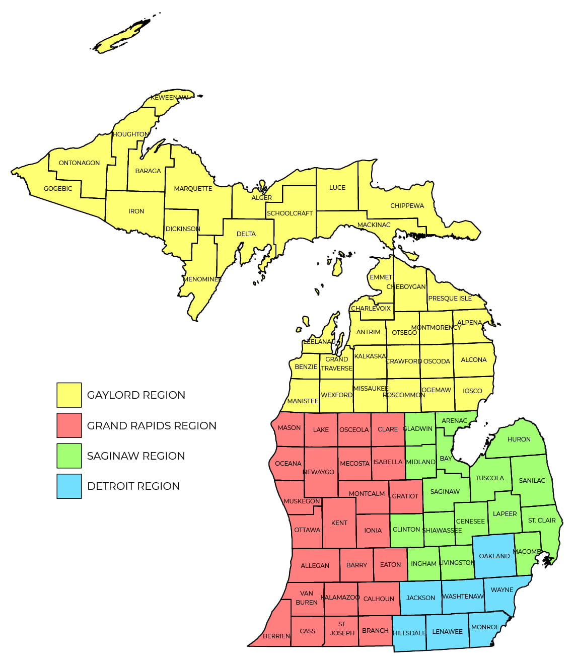County map of the state of Michigan.