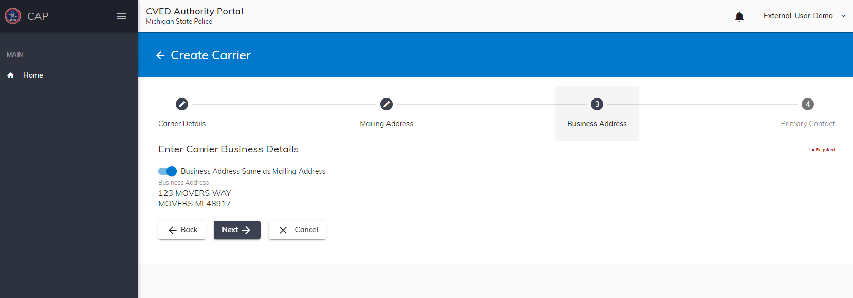 Carrier business details screen