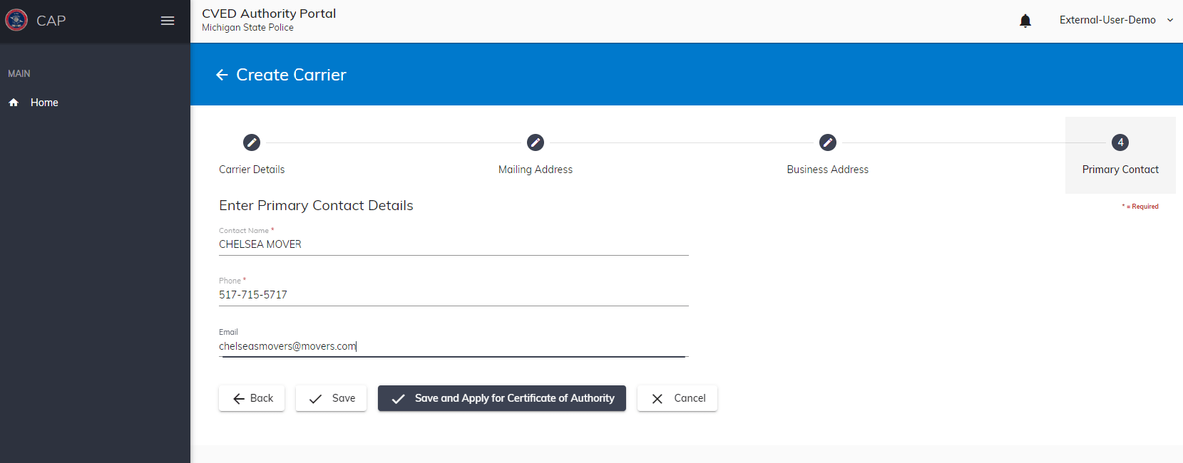 Primary contact details screen