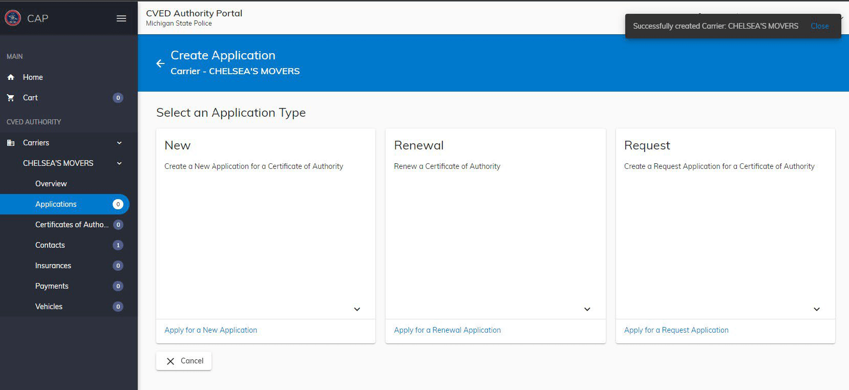Select application type
