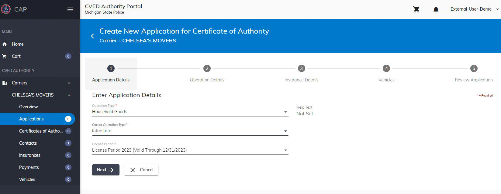 Business details screen