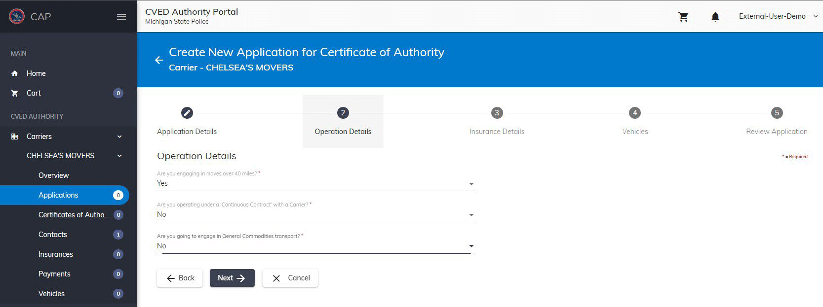 Enter operation details screen
