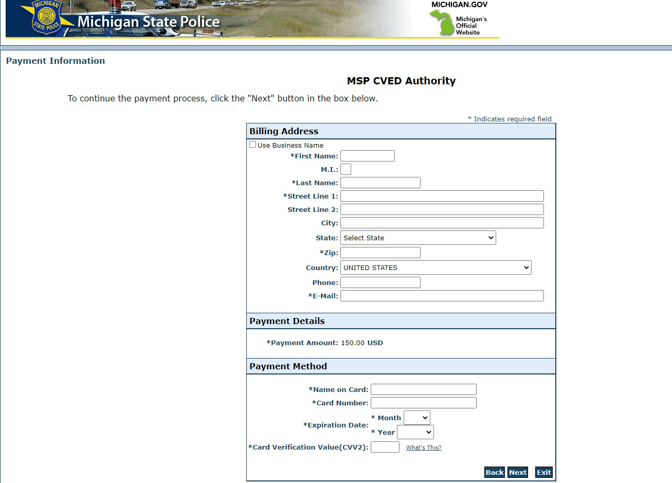 payment information screen