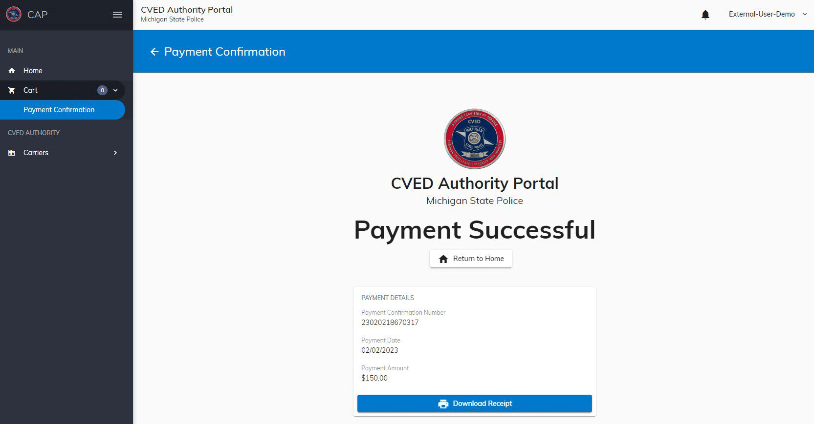 payment confirmation screen