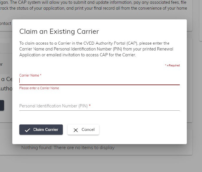 Claim existing carrier screen