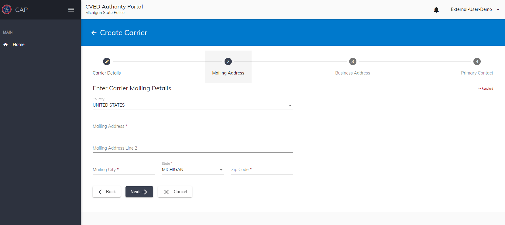 Mailing address screen