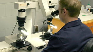 Man looking through microscope