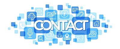 The word Contact is spelled out with icon graphics representing various ways to contact