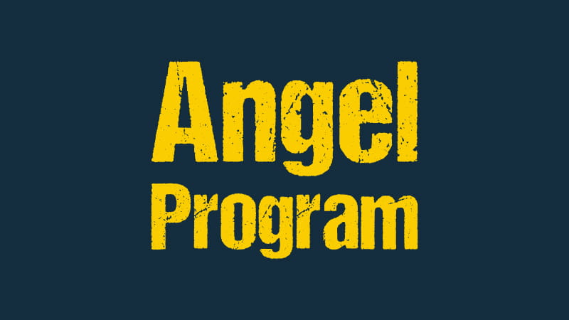 Bright Yellow text "Angel Program" on dark blue background. 