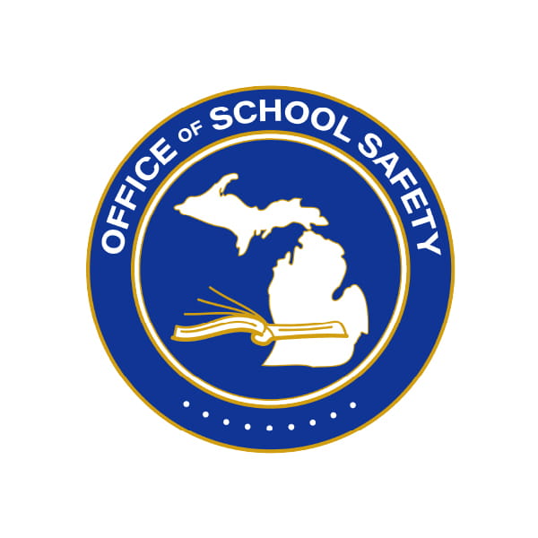 Blue Office of School Safety logo with white outline of Michigan and an open book. 