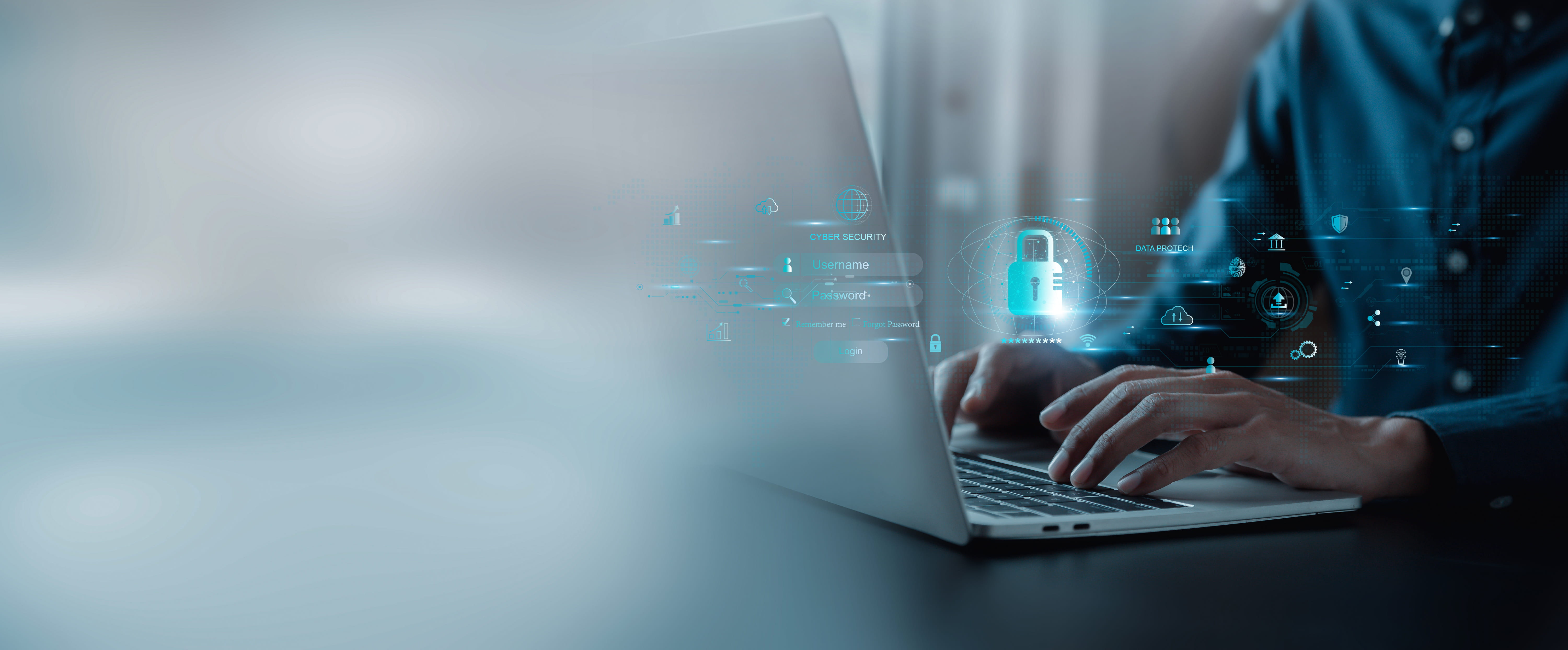 Hands typing on a laptop with padlock and internet security imagery. 