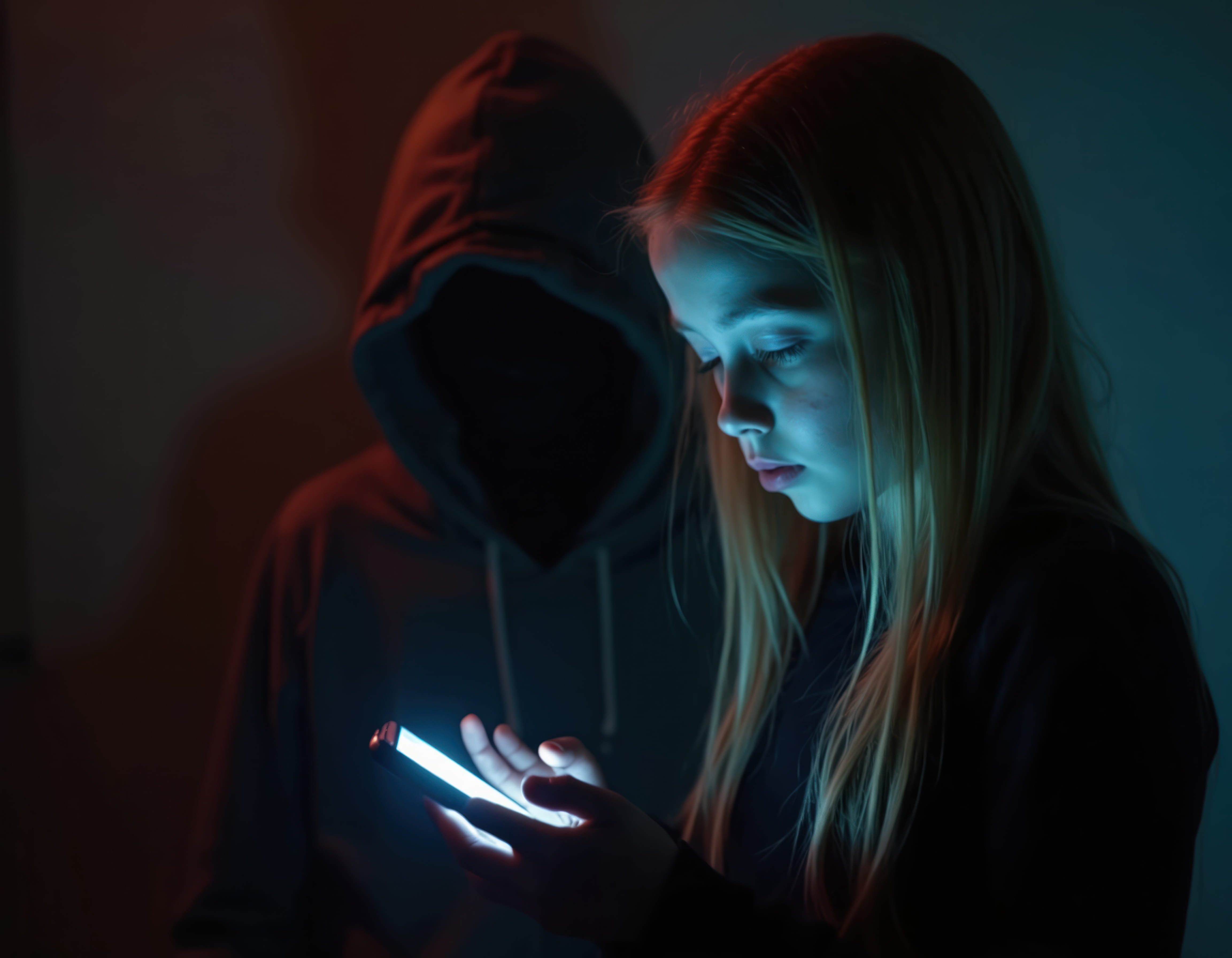 Young girl looking at phone with menacing figure in background. 