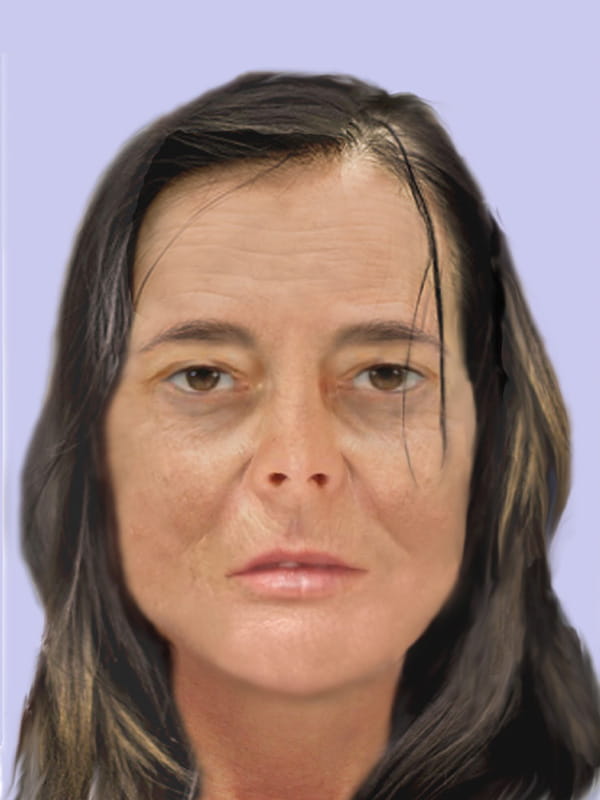 Forensic artist's reconstruction image of unidentified remains shows white female with brown hair, age 30-50 years. 