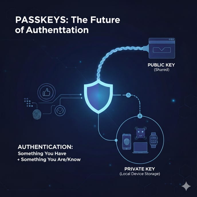 Diagram showing that a Public Key (which is shared and known to the service you are authenticating with) combines with a Private Key (that is secret and kept on your local device) to be a secure authentication method.  