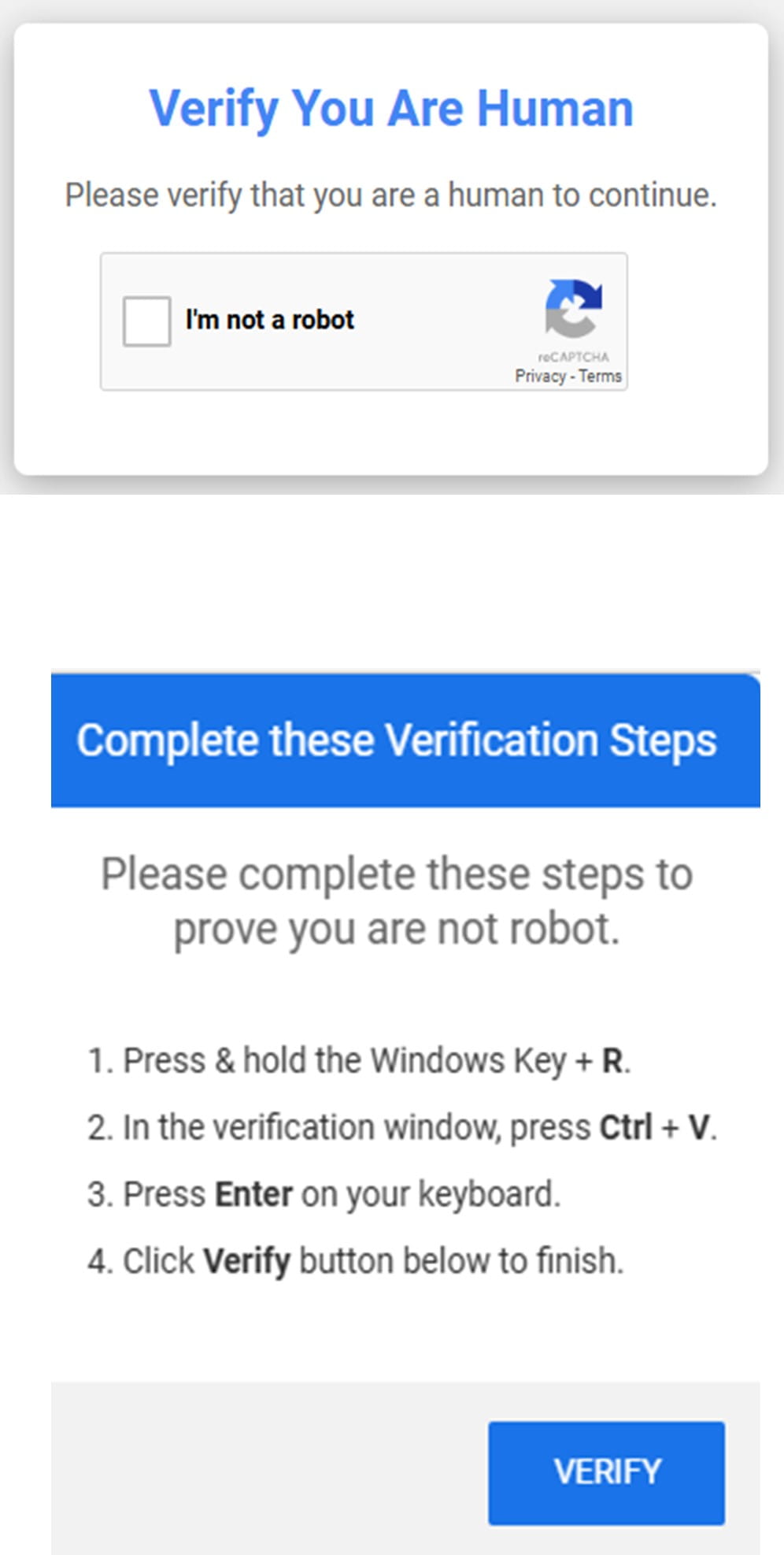 A fake CAPTCHA with verification steps asking the user to press WIN-R, CTRL-V, and ENTER. 