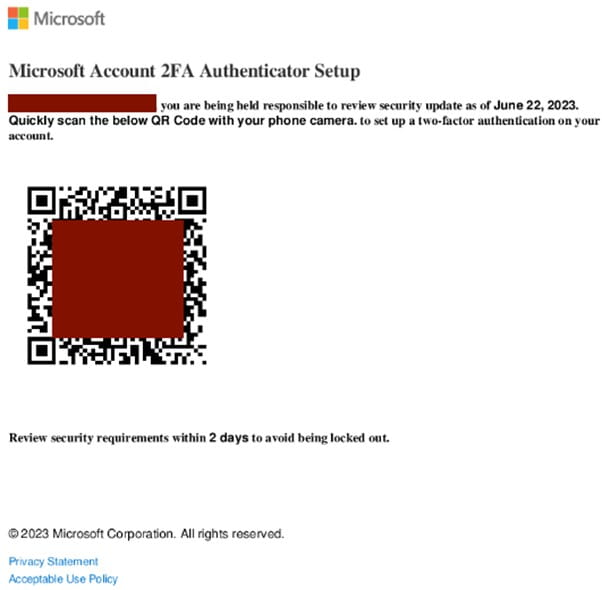 A phishing email, pretending to be from Microsoft, asking the user to scan a QR Code with their phone in order to set up two-factor authentication on their account.