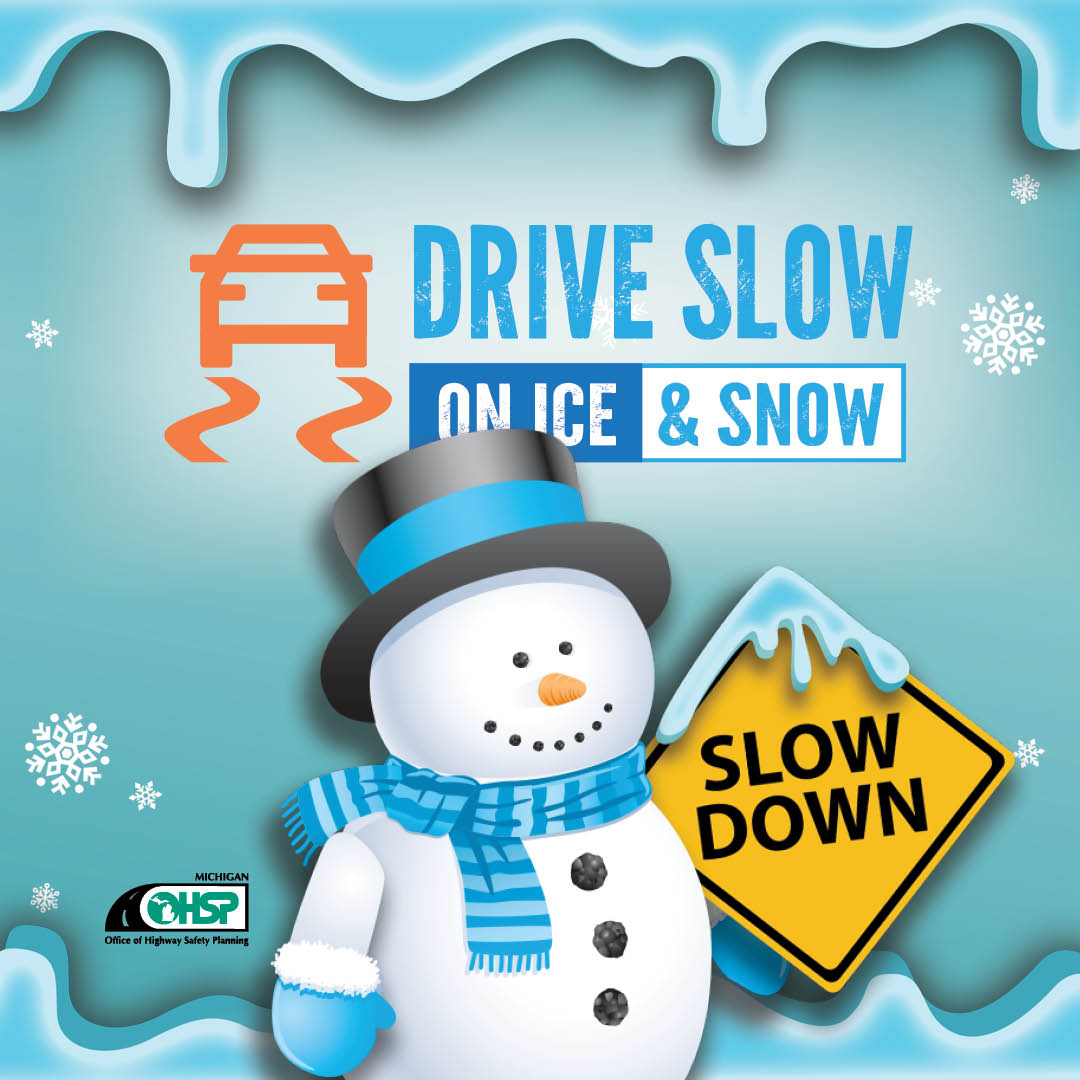 cartoon snowman with a slow down sign