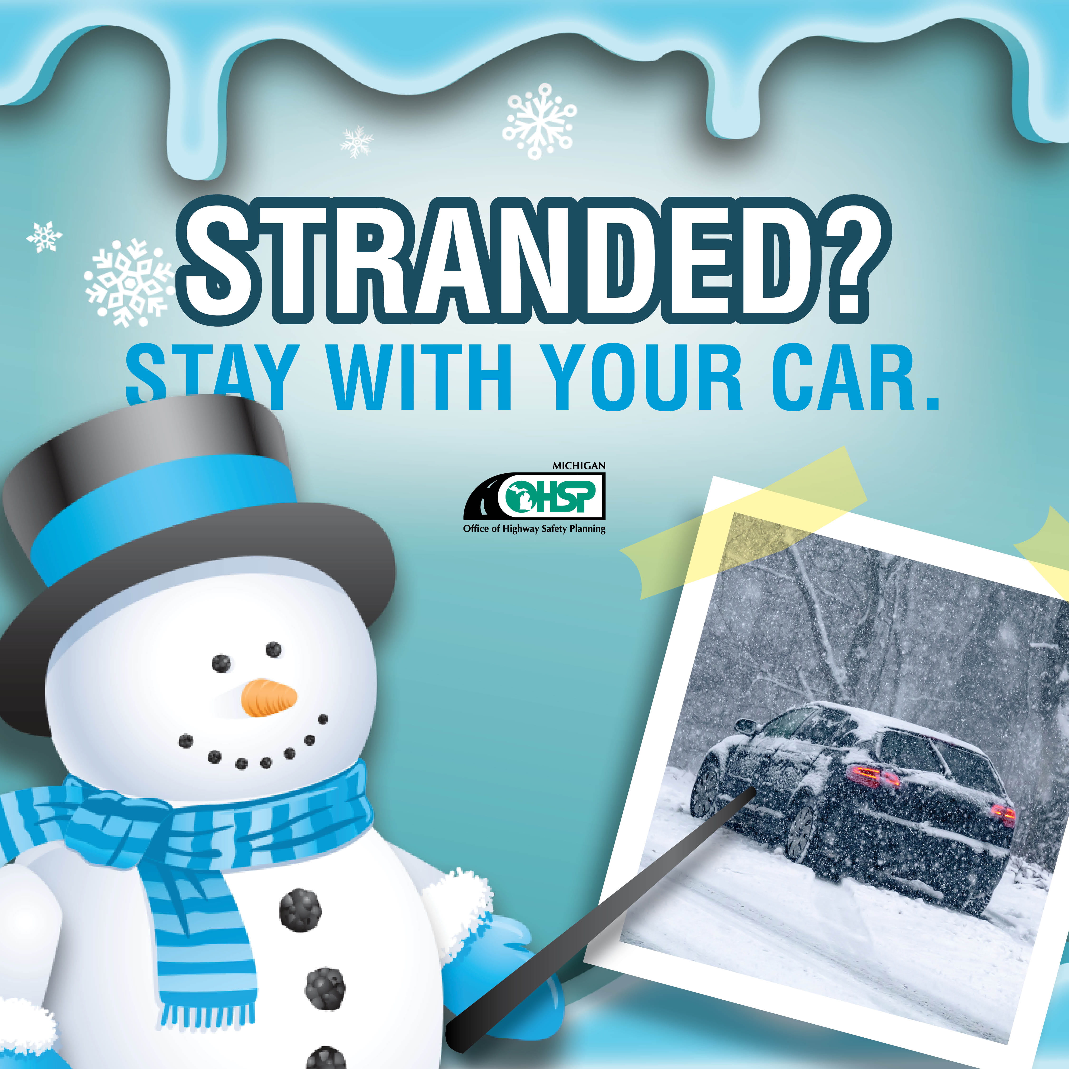 cartoon snowman pointing to a car