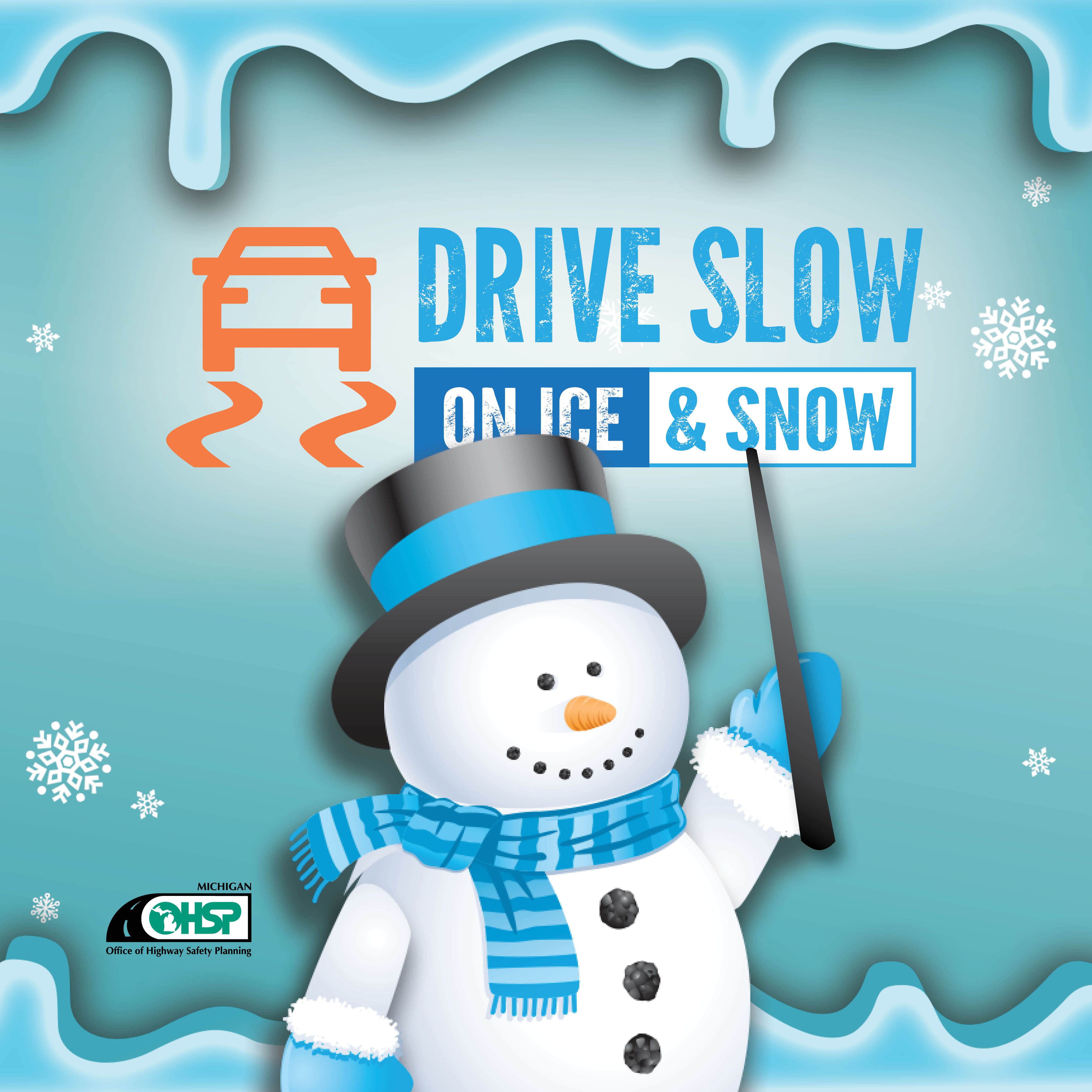 cartoon snowman drive slow on ice and snow