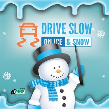 cartoon snowman drive slow on ice and snow