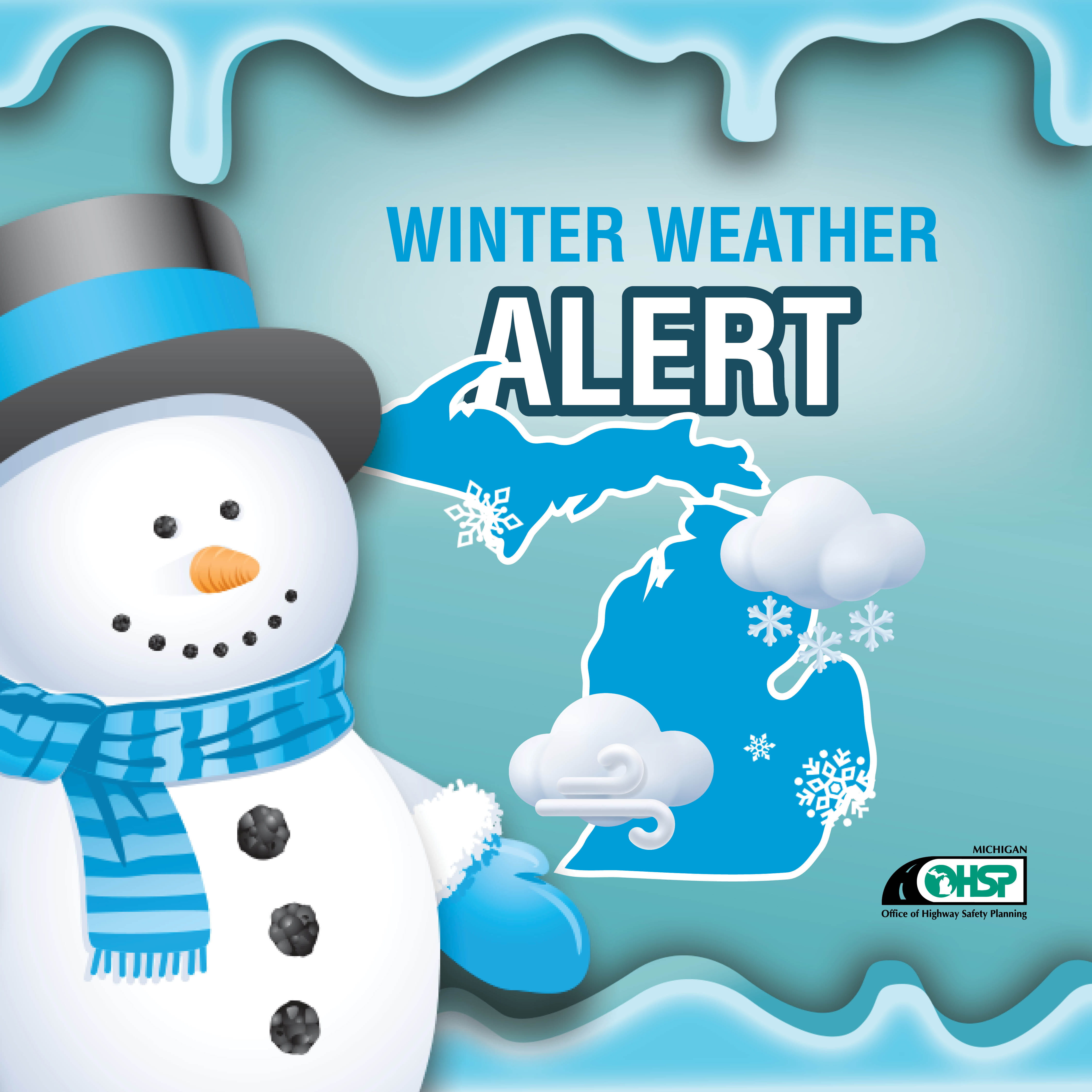 cartoon snowman pointing to a map of Michigan