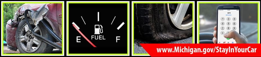 collage showing getting vehicle towed, out of gas, flat tire, phoning for help