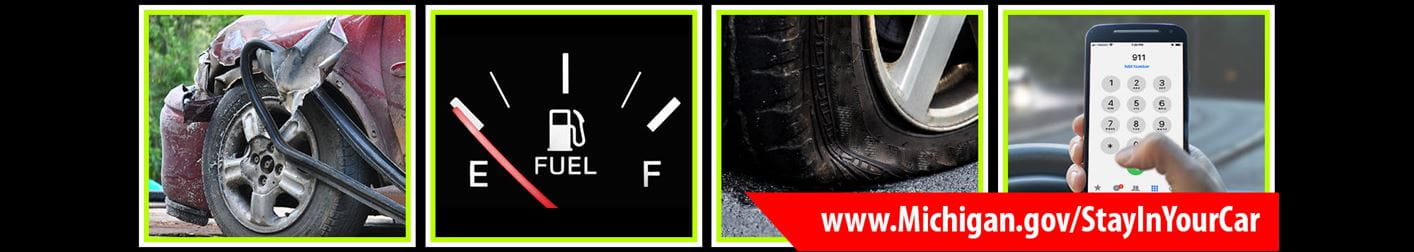 collage showing getting vehicle towed, out of gas, flat tire, phoning for help