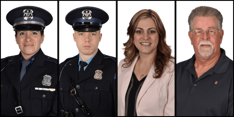 Official department photos of Sgt. Lena Wresinski, MC Ofcr. Bryan Walker, Ms. Nicole Ascroft and D/Lt. Donald Watson, Ret.