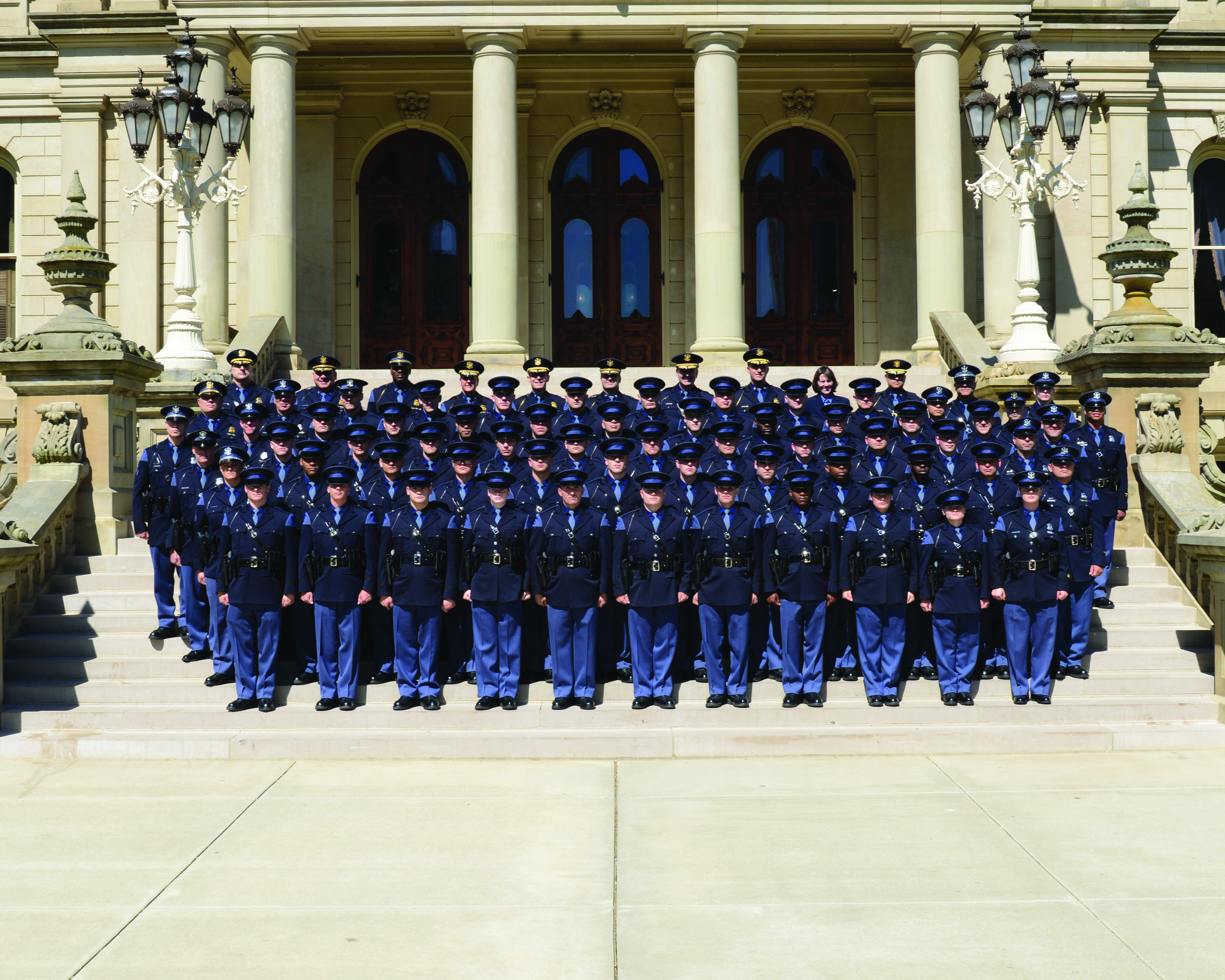 Photo of 143rd Trooper Recruit School and MSP command on the Capitol Steps