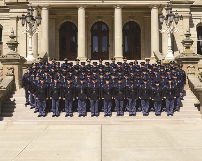 Photo of 143rd Trooper Recruit School and MSP command on the Capitol Steps