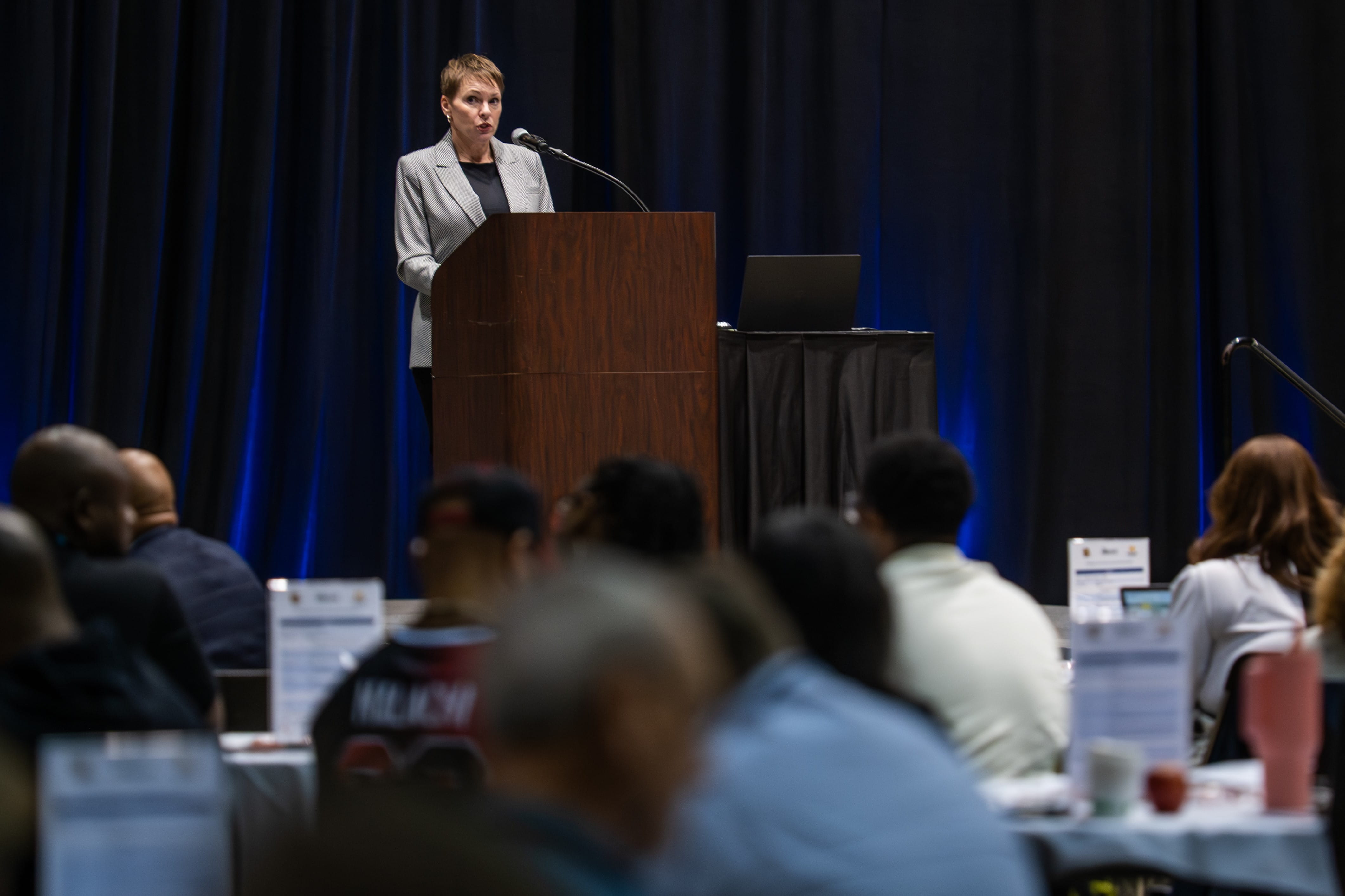 Elizabeth Hertelm MDHHS director, speaking to attendees of the Gun Violence Intervention Summit