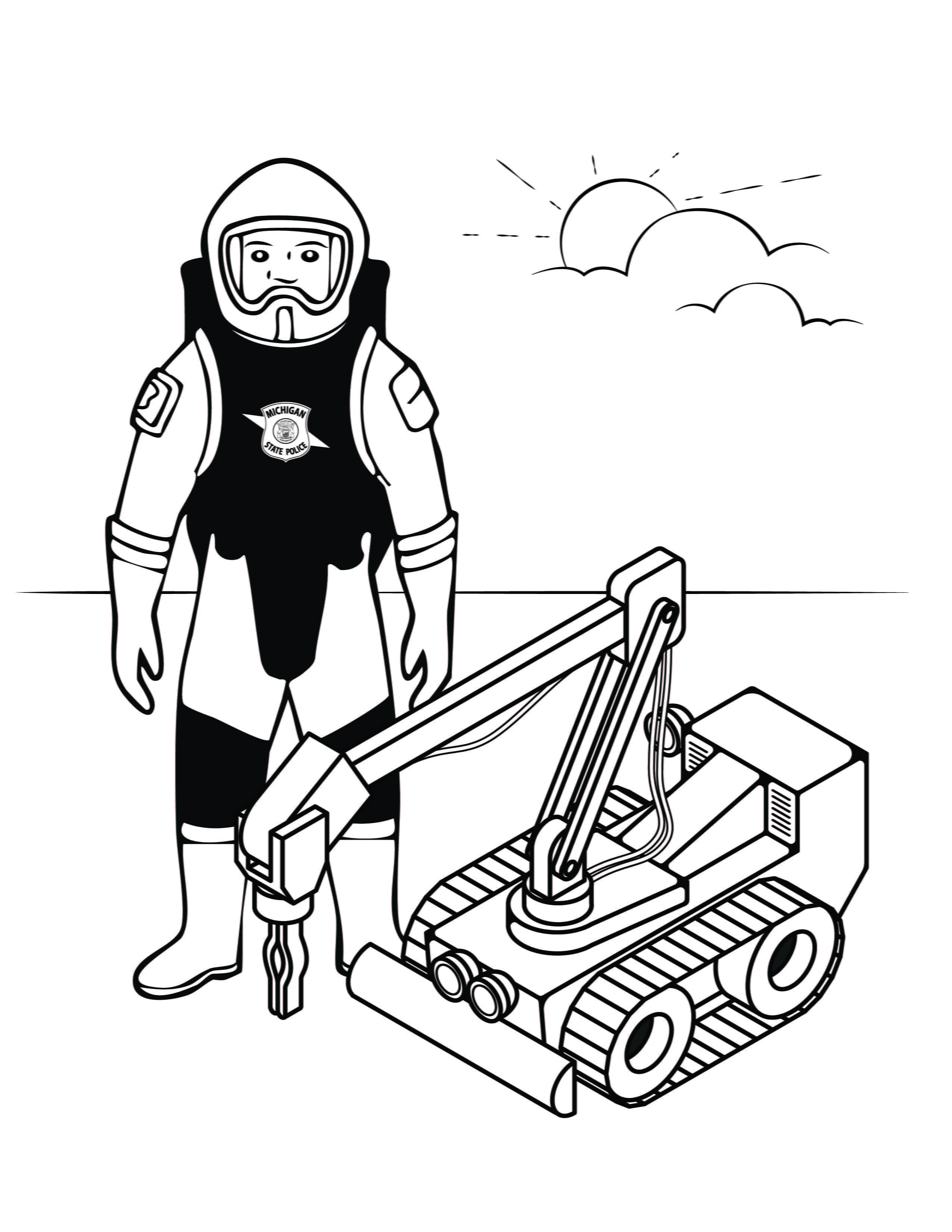 MSP Bomb Squad member in bomb suit, with bomb robot. 