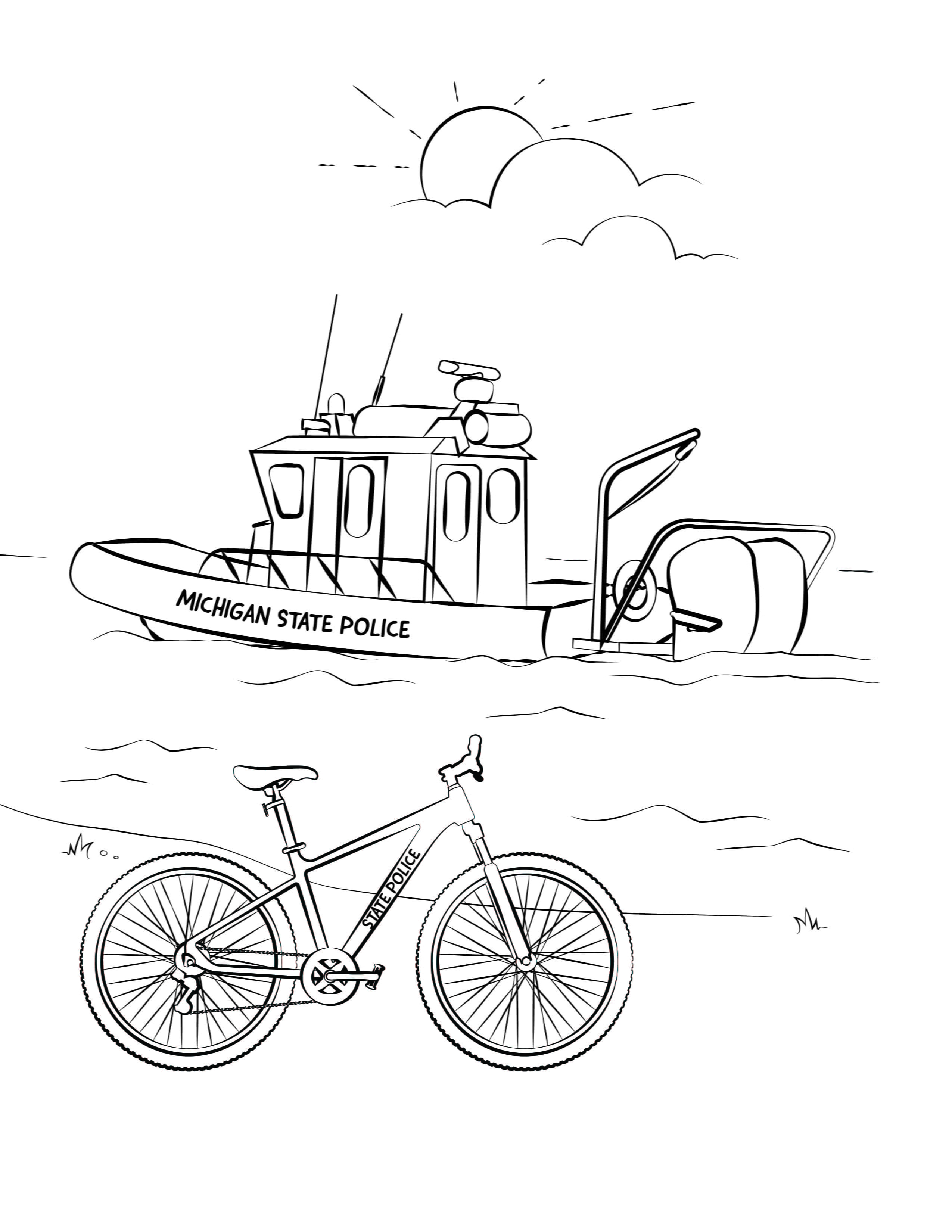 MSP Marines Services boat and Tactical Bike Team bicycle. 