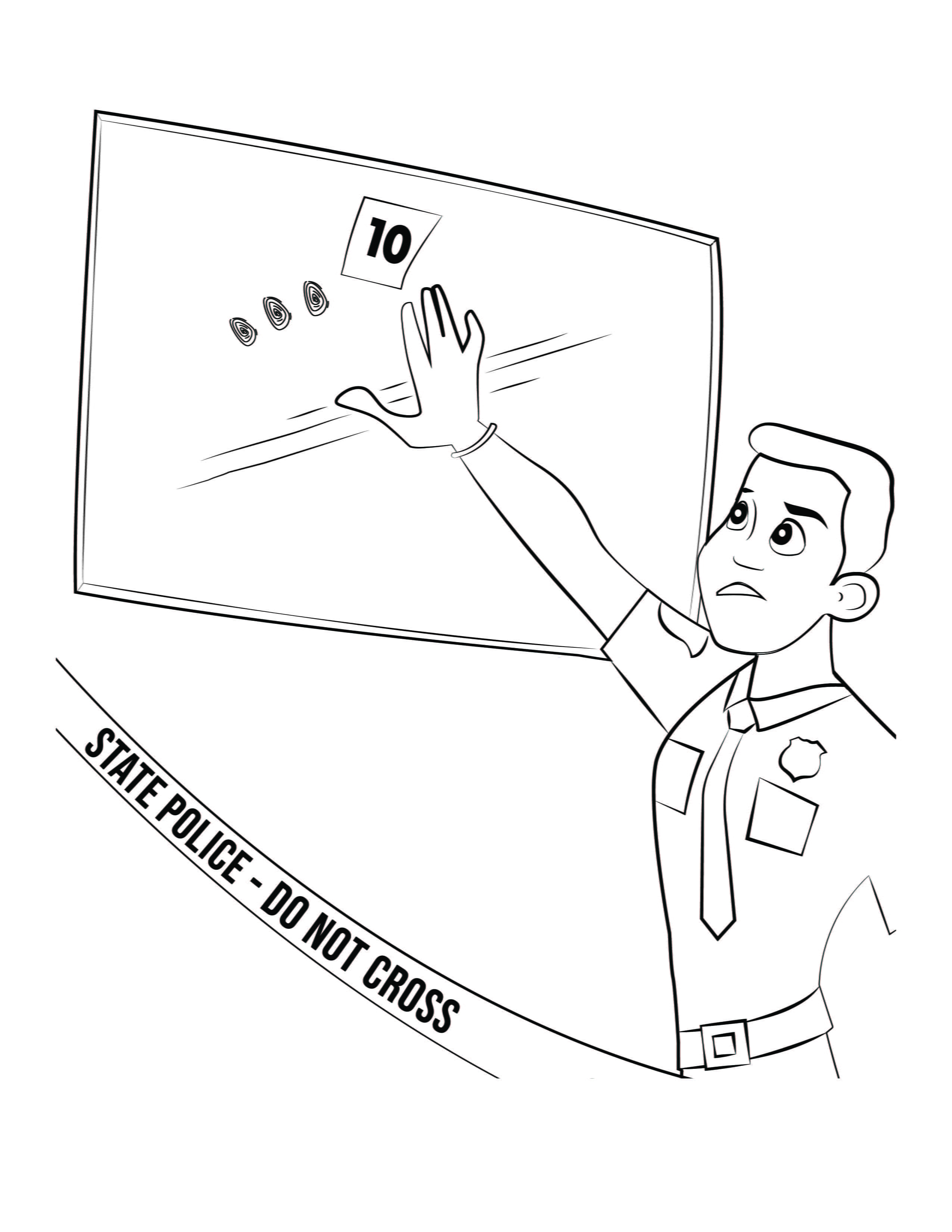 Trooper examining fingerprints at a crime scene. 