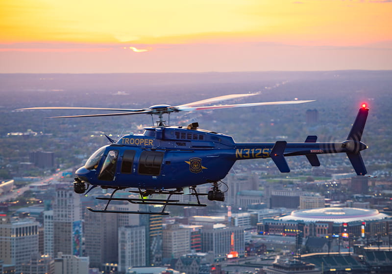 MSP helicopter flying over city of Detroit. 