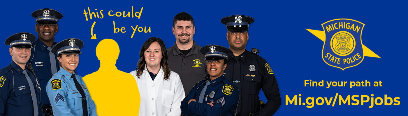 Blue box with a group photo of MSP employees and a blank space with the phrase this could be you and the careers website URL