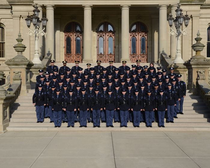 Group photo of 145th Trooper Recruit School standing on the Capitol steps