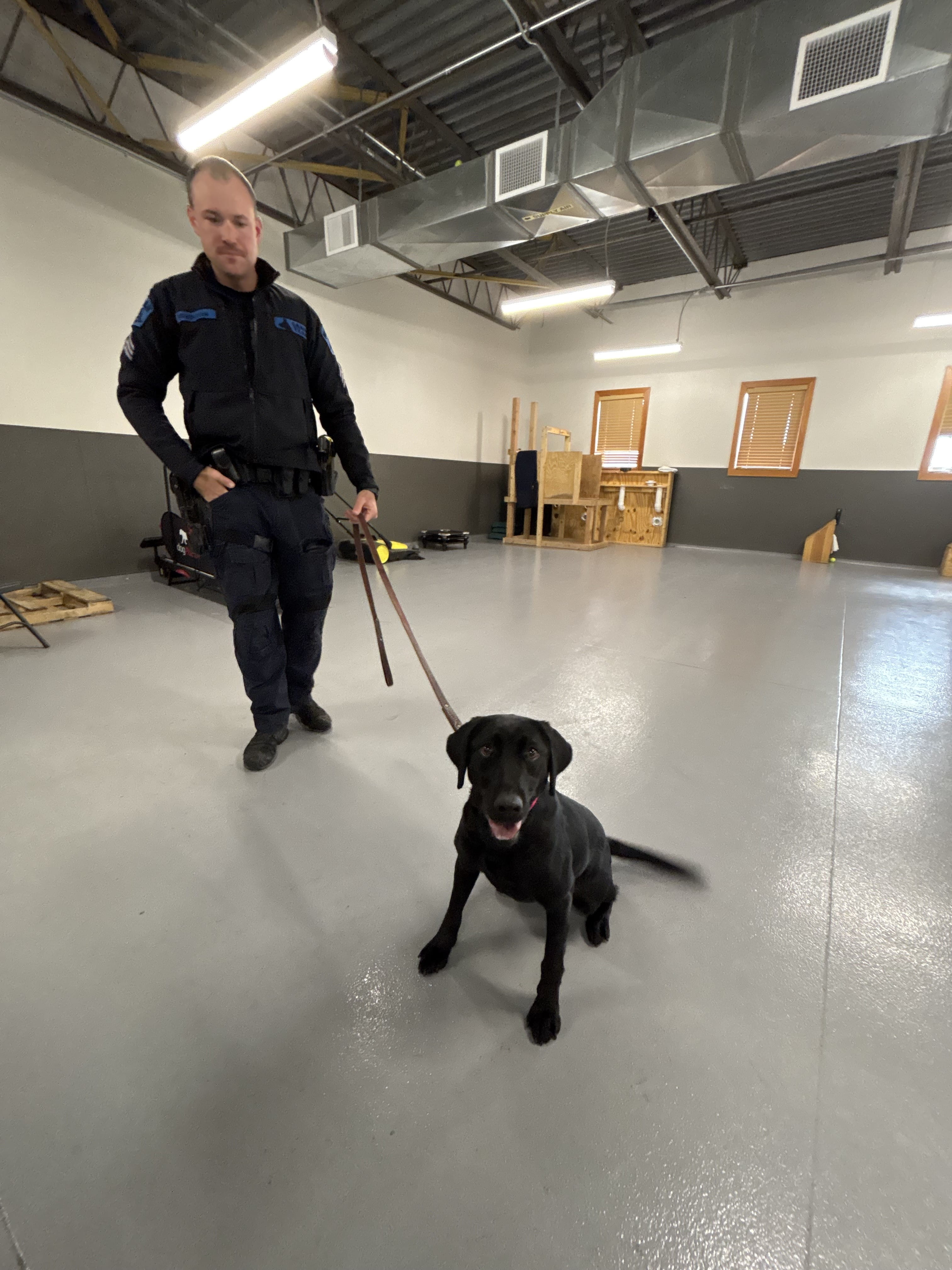 Sergeant Birmingham poses with new detection dog El during training at MSP Canine Unit Kennels