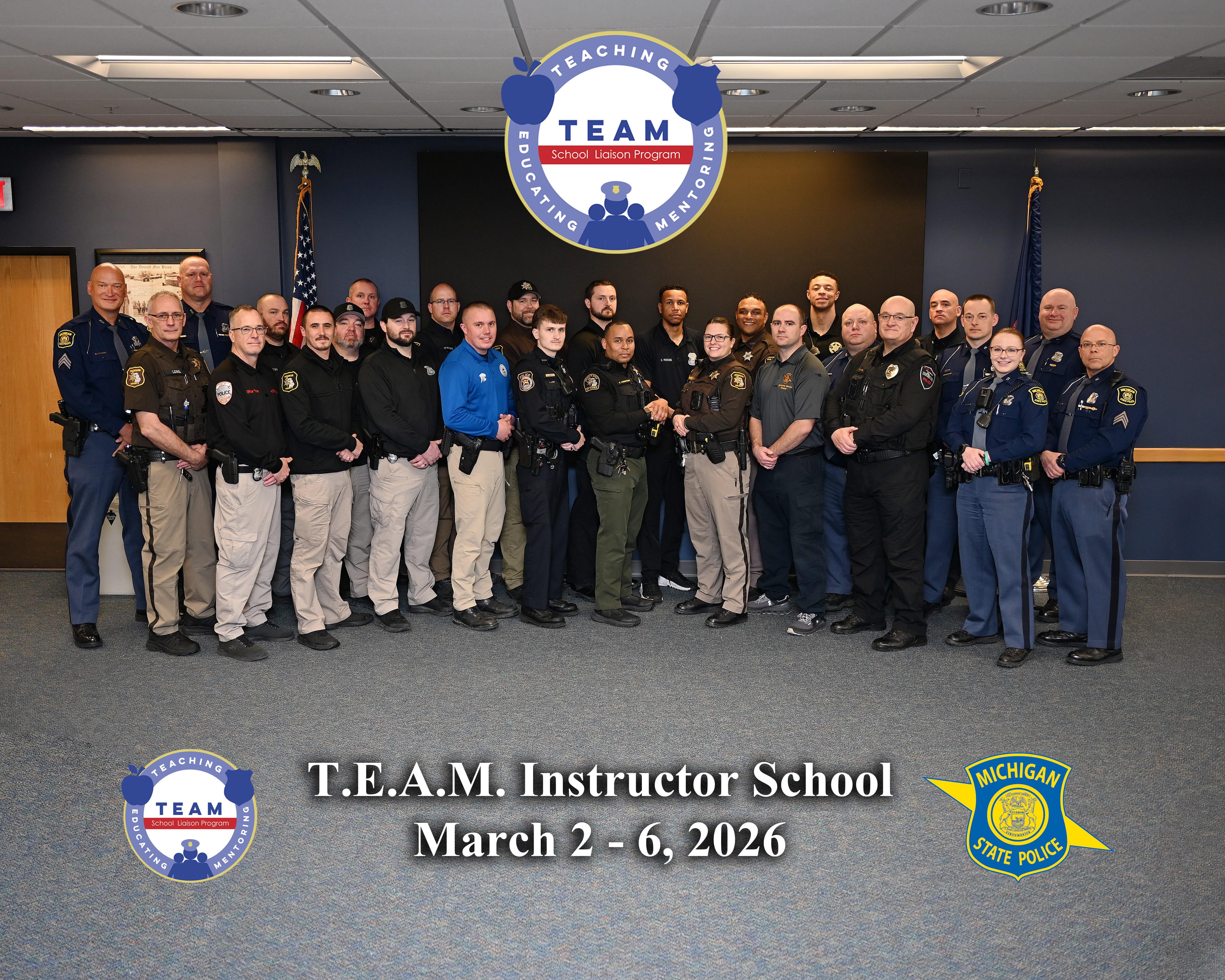 Men and women police officers graduating from the March 2026 Teaching, Educating, and Mentoring School Liaison Program