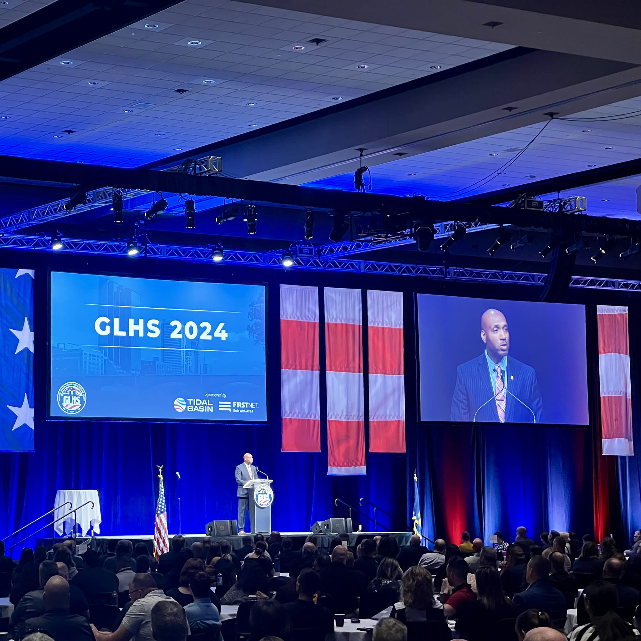 Col. James F. Grady II, director of the MSP, speaking on stage for opening remarks of the 2024 conference