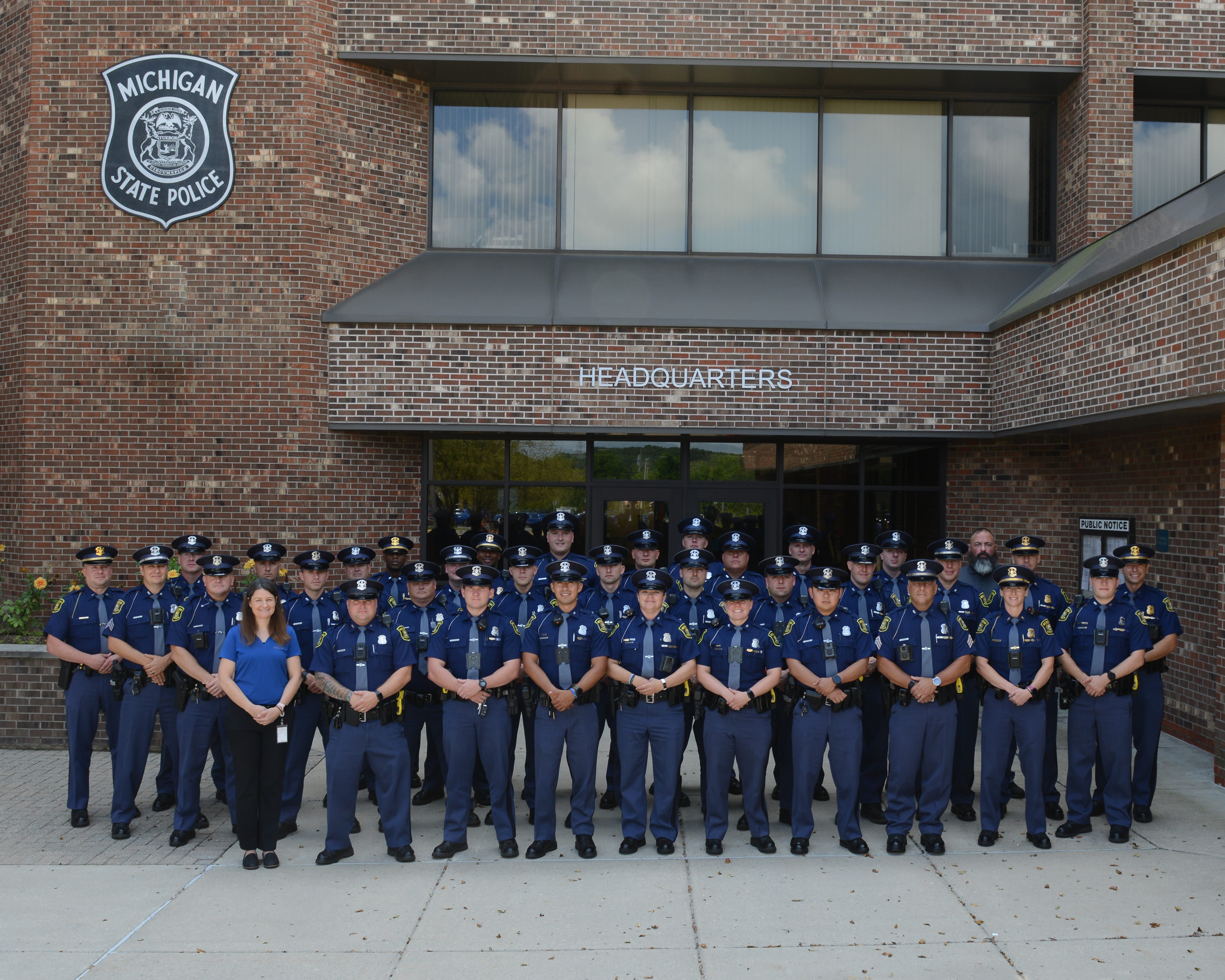 Thirty-five uniformed personnel, lined outside the MSP Headquarters on July 13, 2024, were deployed to assist with security and crowd management at the Republican National Convention in Milwaukee, Wisconsin. 